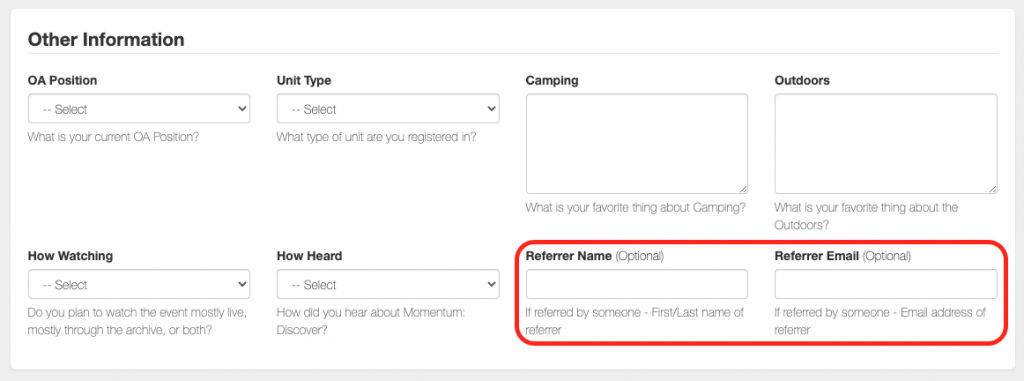 Image highlighting "Referrer Name" and "Referrer Email" on registration form